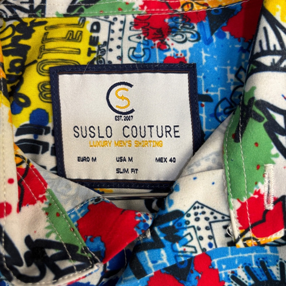 Suslo Couture Mens Slim Fit Graffiti Pop Art Button Down Shirt Multi Color M - Picture 5 of 13